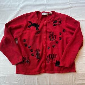 Marisa Christina Red Cardigan with Cat Motif